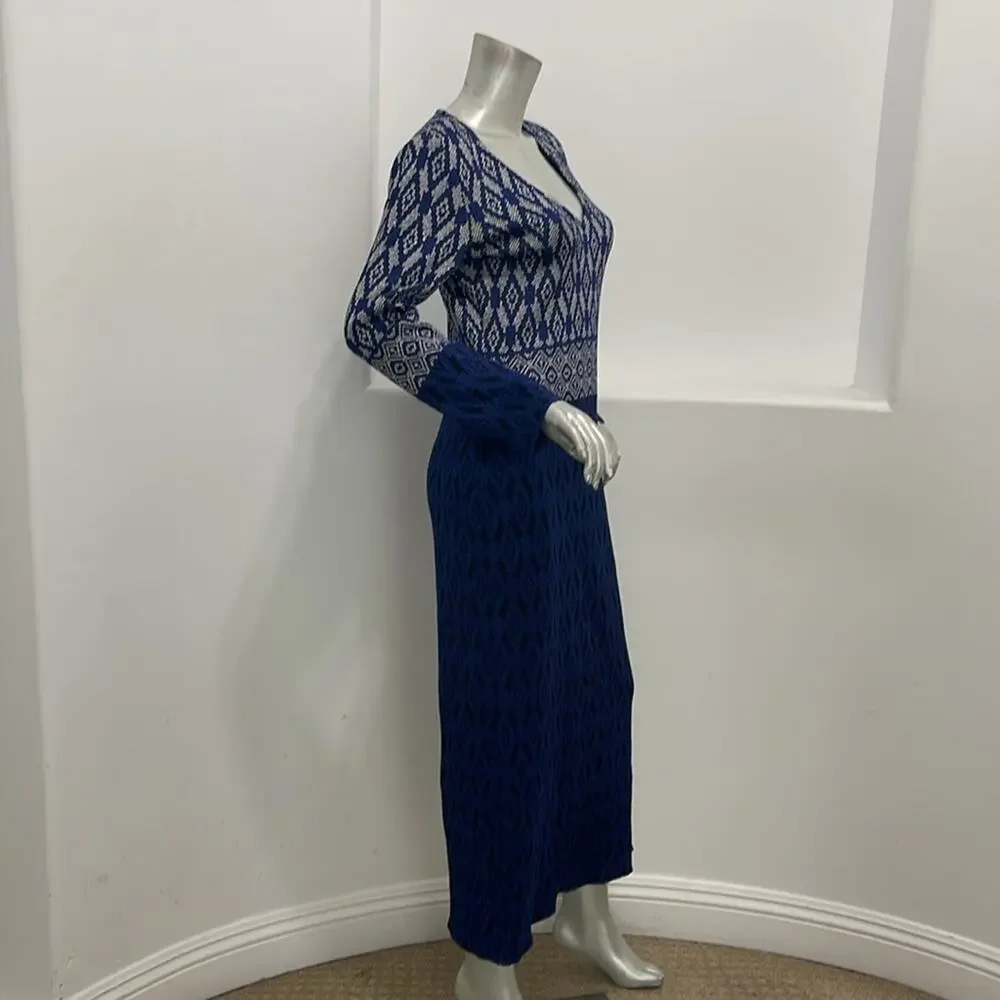 St. John Evening Diamond Jacquard Knit Maxi Dress Navy Blue Silver Long Sleeve 4 - Picture 7 of 14